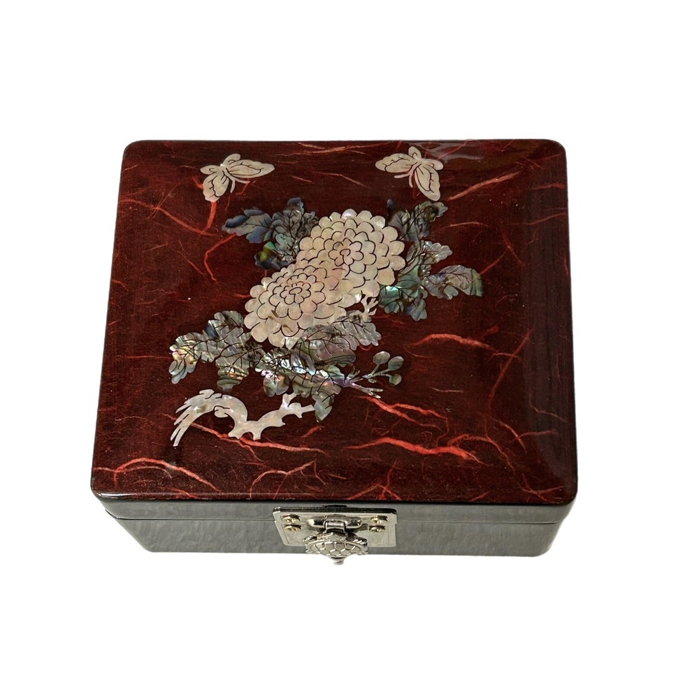 Trinket Box Lacquer Wooden Box Mother of Pearl‎ Inlay Asian Mirror Turtle Latch - Picture 5 of 13
